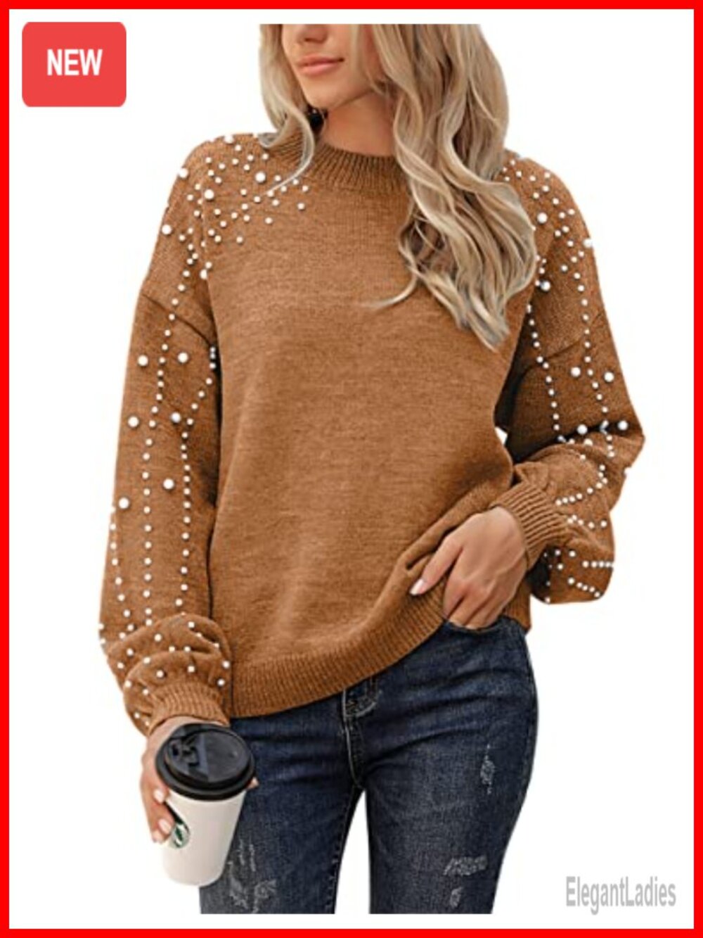 Chunky Knit Sweater Pullover Mock Neck Oversized Lantern Sleeve